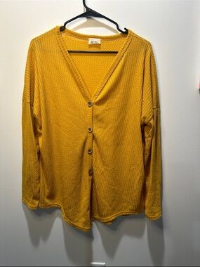 Mustard Yellow Button-Front Waffle Knit Cardigan
